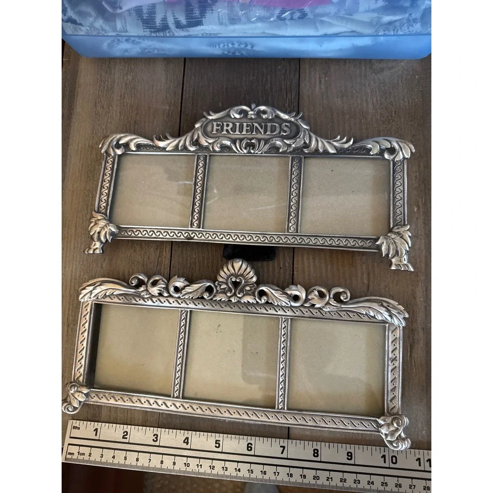 Vintage Silver Ornate Triple Photo Frame Set Friends & Scroll Crest 2pc